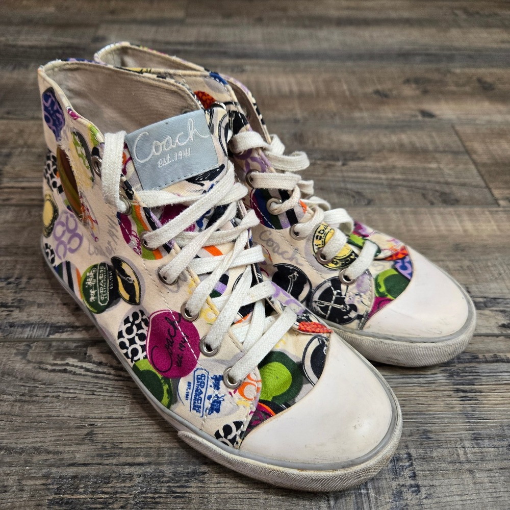 Coach Poppy Cardinal Multi Color Logo Collage High Top Sneakers Vintage Y2K 8
